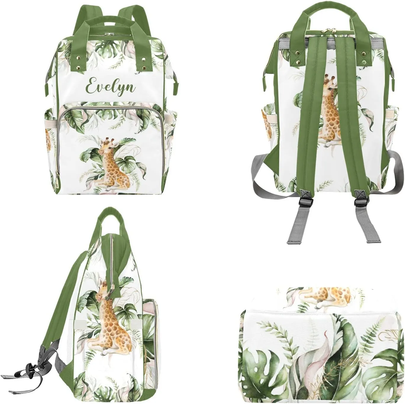 Personalized Diaper Bag Backpack Tote,Tropical Giraffe Greenery,Custom Diaper Bags for Shower Gift 10.83"x6.69"x15"
