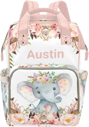 Personalized Floral Flower Pink Elephant Diaper Backpack with Name Text Large Capacity Custom Multi-Function Bag Unisex Travel for Mom Dad Boy Girl, 10.83 inch L * 6.69 inch W * 15 inch H