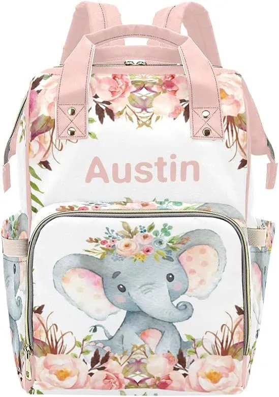 Personalized Floral Flower Pink Elephant Diaper Backpack with Name Text Large Capacity Custom Multi-Function Bag Unisex Travel for Mom Dad Boy Girl, 10.83 inch L * 6.69 inch W * 15 inch H