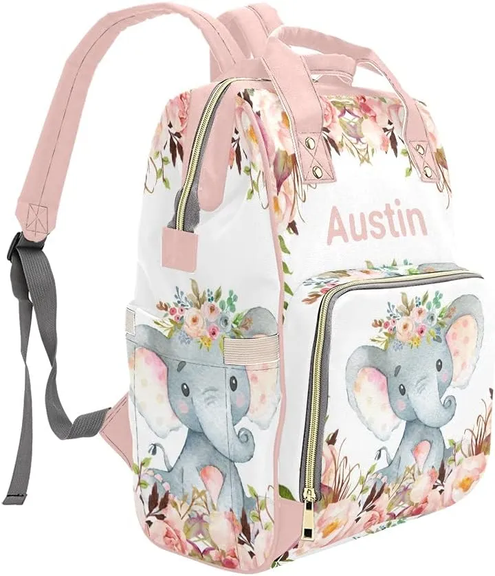 Personalized Floral Flower Pink Elephant Diaper Backpack with Name Text Large Capacity Custom Multi-Function Bag Unisex Travel for Mom Dad Boy Girl, 10.83 inch L * 6.69 inch W * 15 inch H