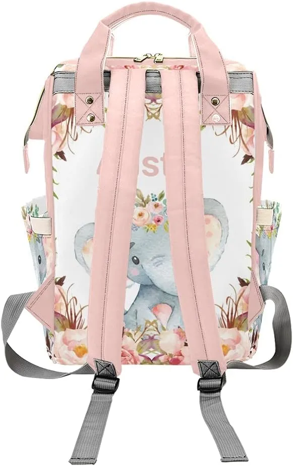 Personalized Floral Flower Pink Elephant Diaper Backpack with Name Text Large Capacity Custom Multi-Function Bag Unisex Travel for Mom Dad Boy Girl, 10.83 inch L * 6.69 inch W * 15 inch H