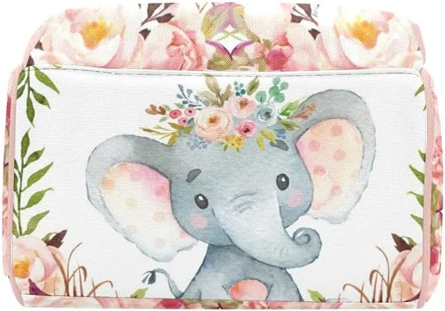 Personalized Floral Flower Pink Elephant Diaper Backpack with Name Text Large Capacity Custom Multi-Function Bag Unisex Travel for Mom Dad Boy Girl, 10.83 inch L * 6.69 inch W * 15 inch H