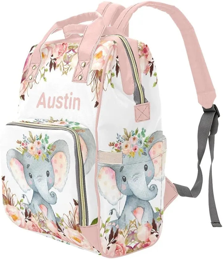 Personalized Floral Flower Pink Elephant Diaper Backpack with Name Text Large Capacity Custom Multi-Function Bag Unisex Travel for Mom Dad Boy Girl, 10.83 inch L * 6.69 inch W * 15 inch H
