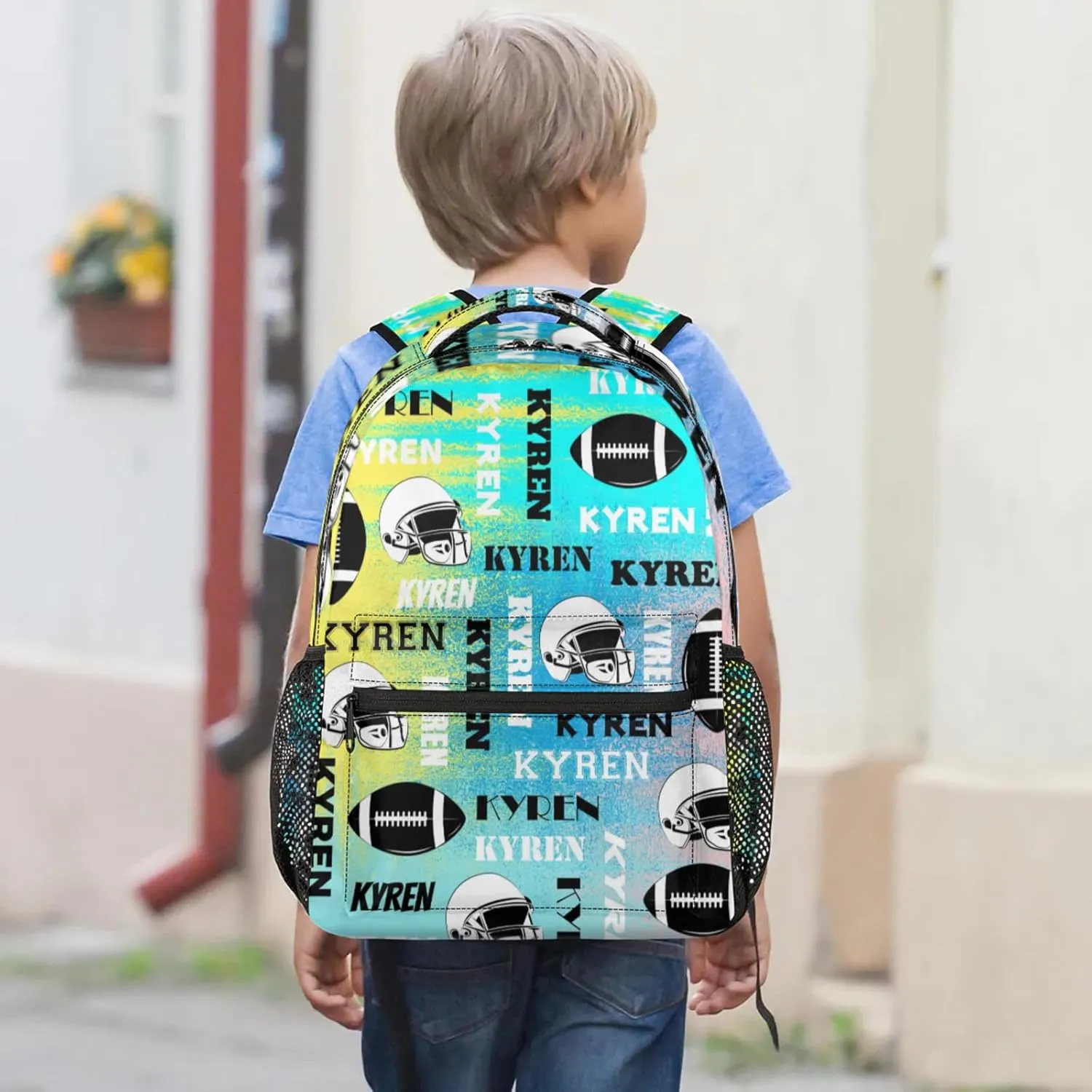 Personalized Football Backpack for Men Women, Custom Name Sports Bag Backpack, Laptop Backpacks Daypack for Travel Camping, Blue Yellow Pinks