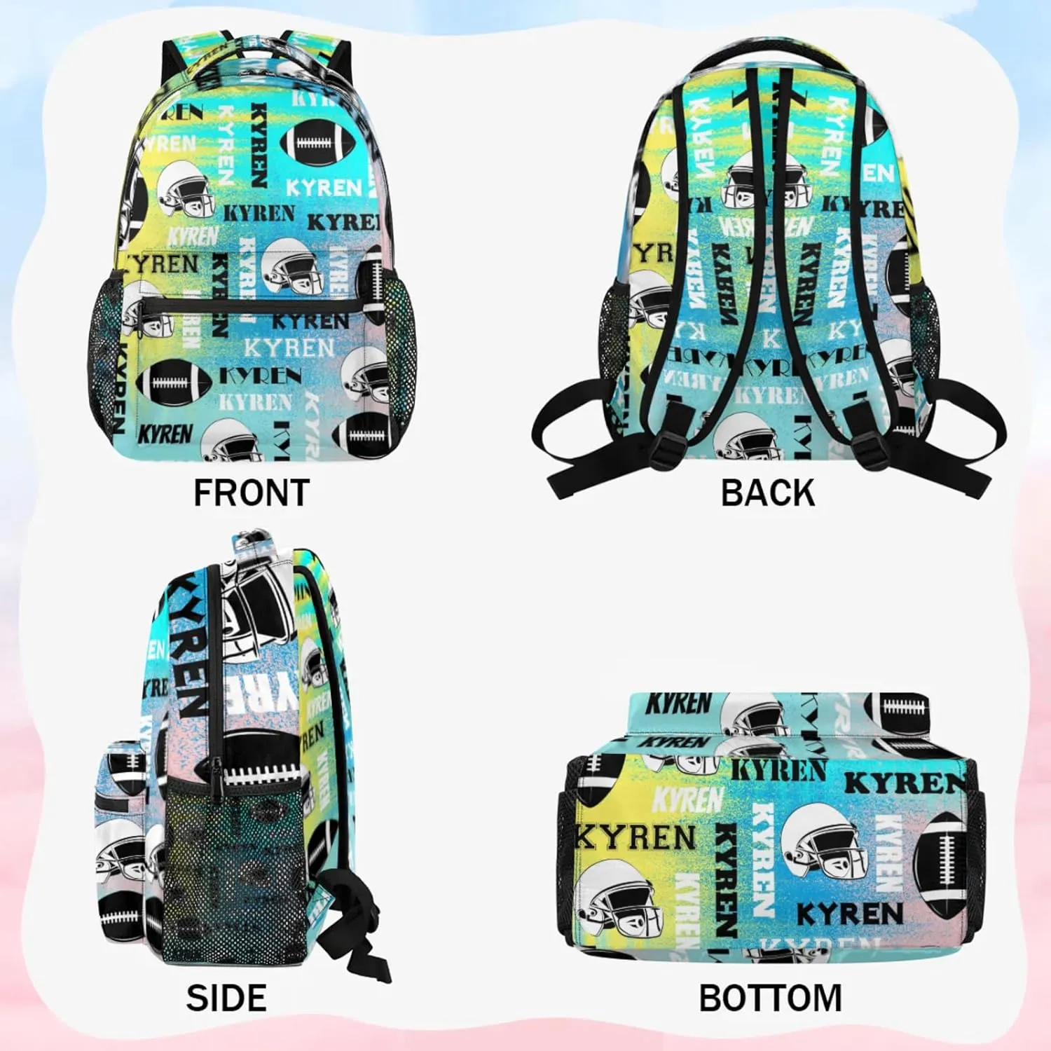 Personalized Football Backpack for Men Women, Custom Name Sports Bag Backpack, Laptop Backpacks Daypack for Travel Camping, Blue Yellow Pinks