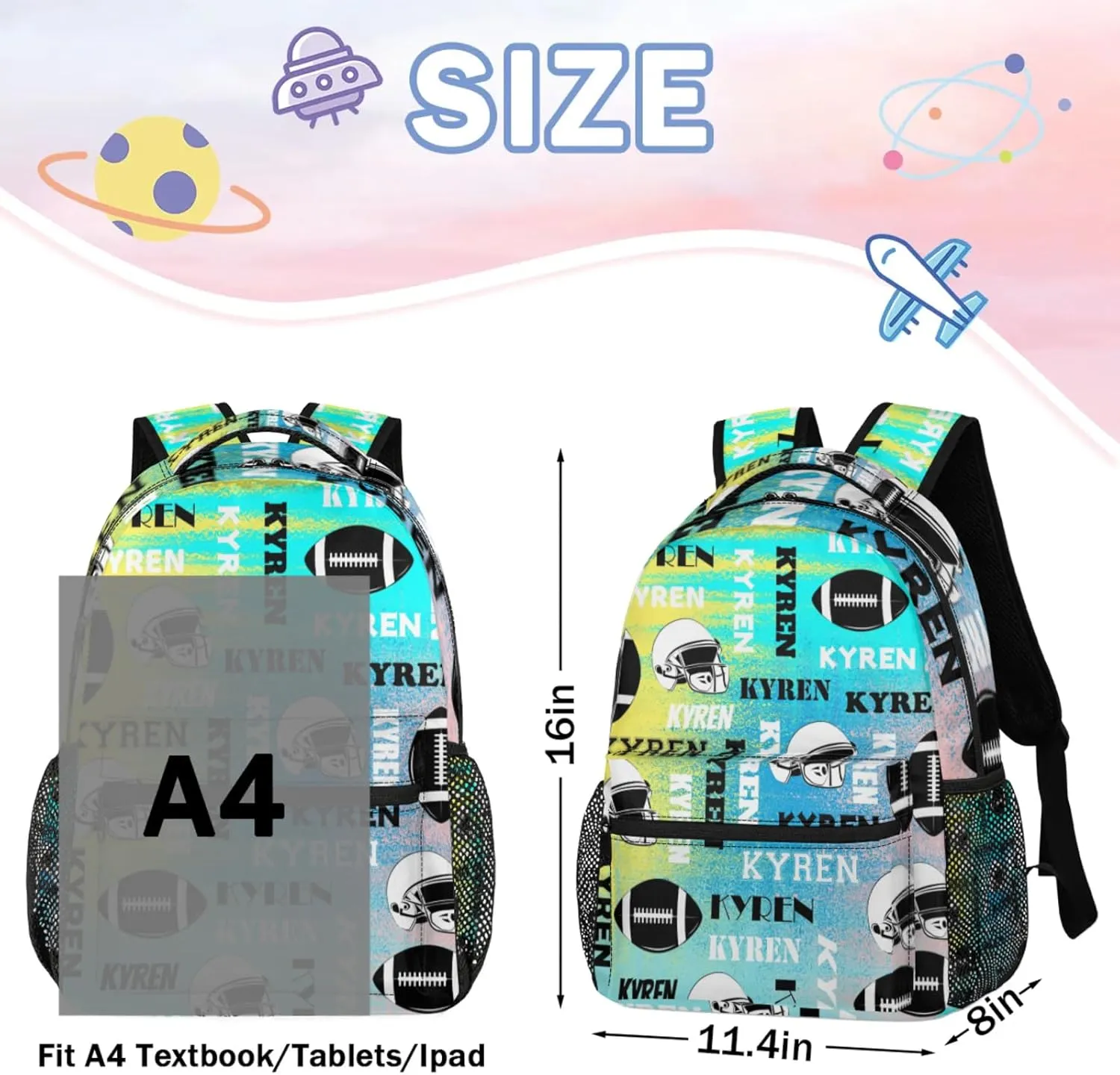 Personalized Football Backpack for Men Women, Custom Name Sports Bag Backpack, Laptop Backpacks Daypack for Travel Camping, Blue Yellow Pinks