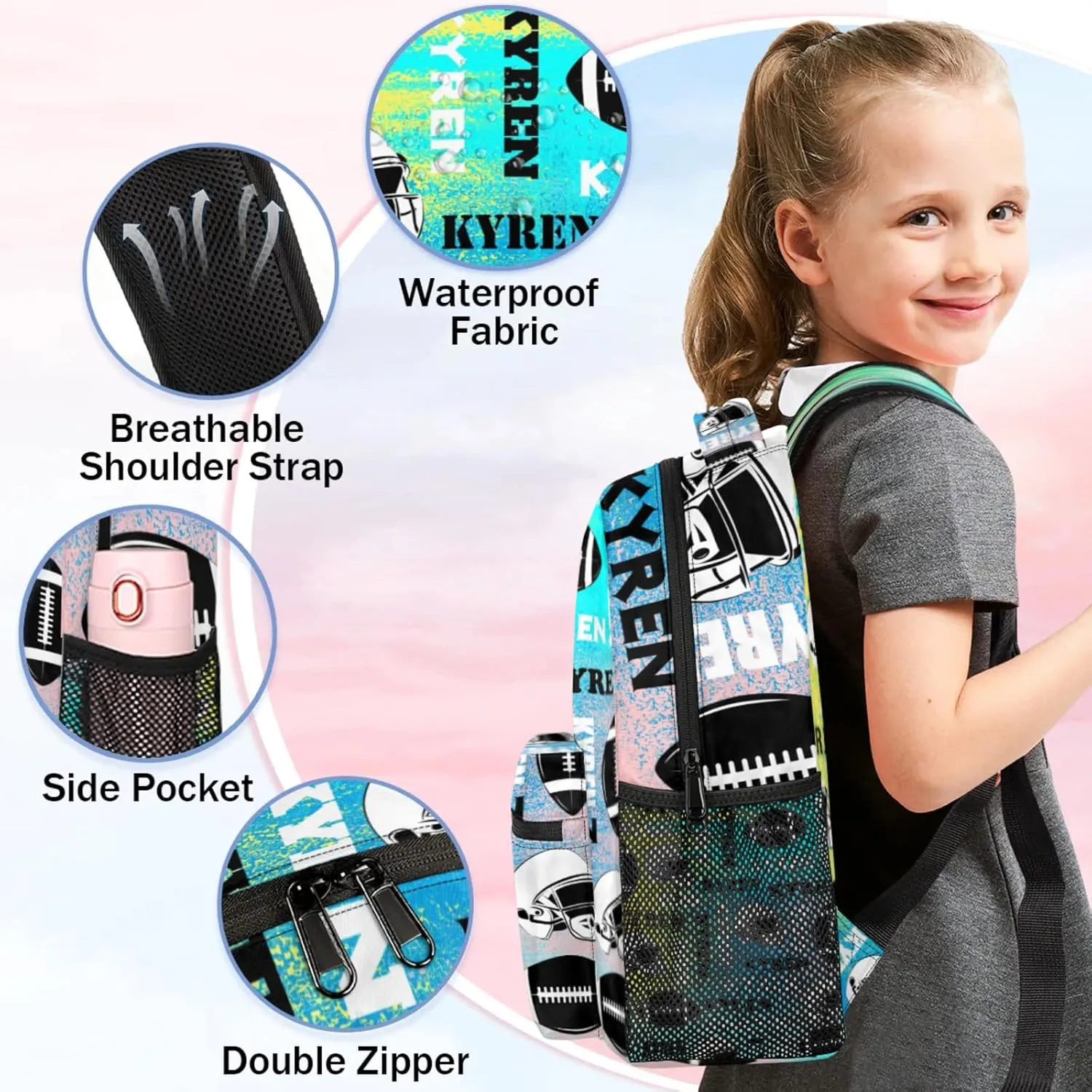 Personalized Football Backpack for Men Women, Custom Name Sports Bag Backpack, Laptop Backpacks Daypack for Travel Camping, Blue Yellow Pinks