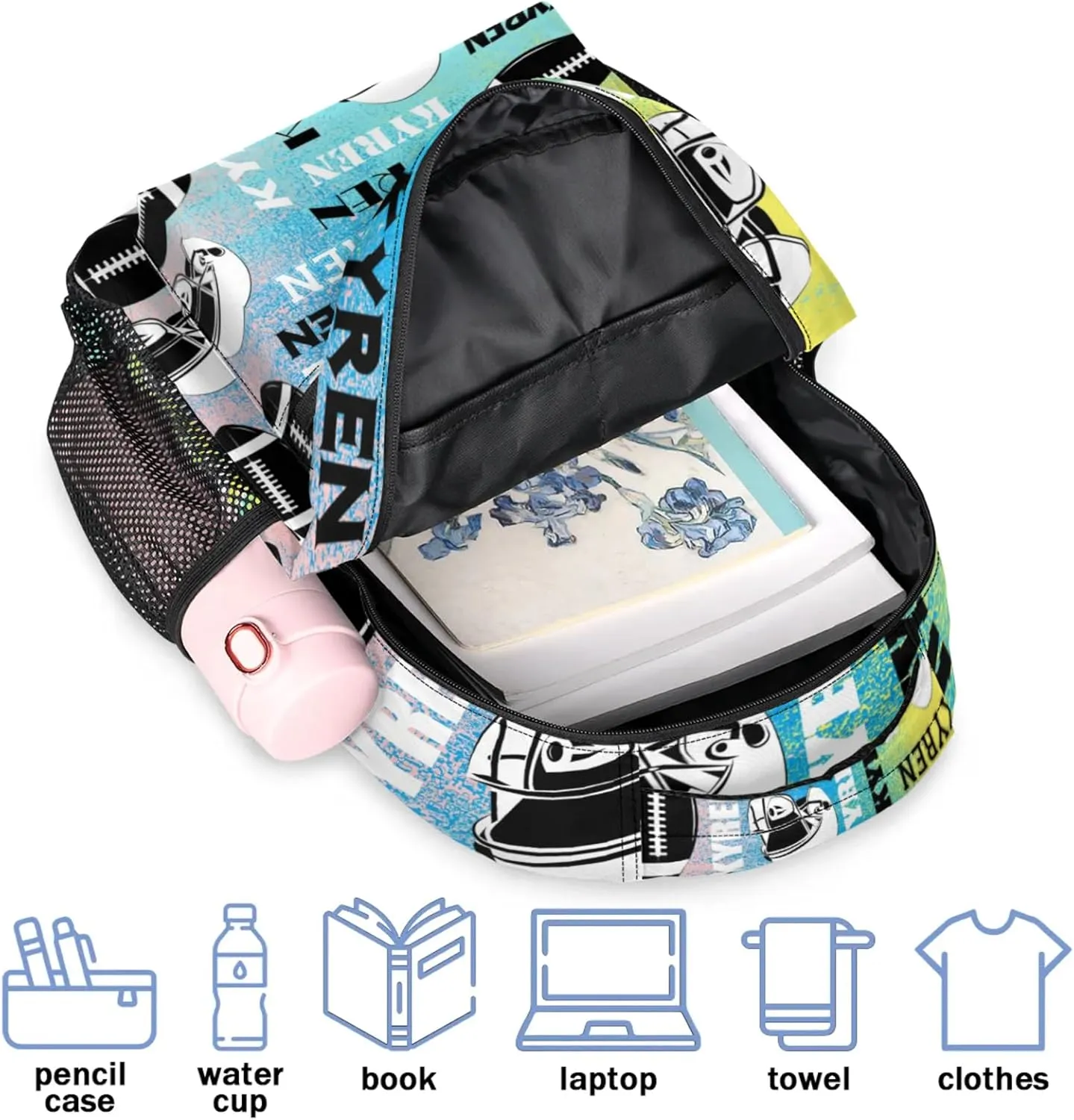 Personalized Football Backpack for Men Women, Custom Name Sports Bag Backpack, Laptop Backpacks Daypack for Travel Camping, Blue Yellow Pinks