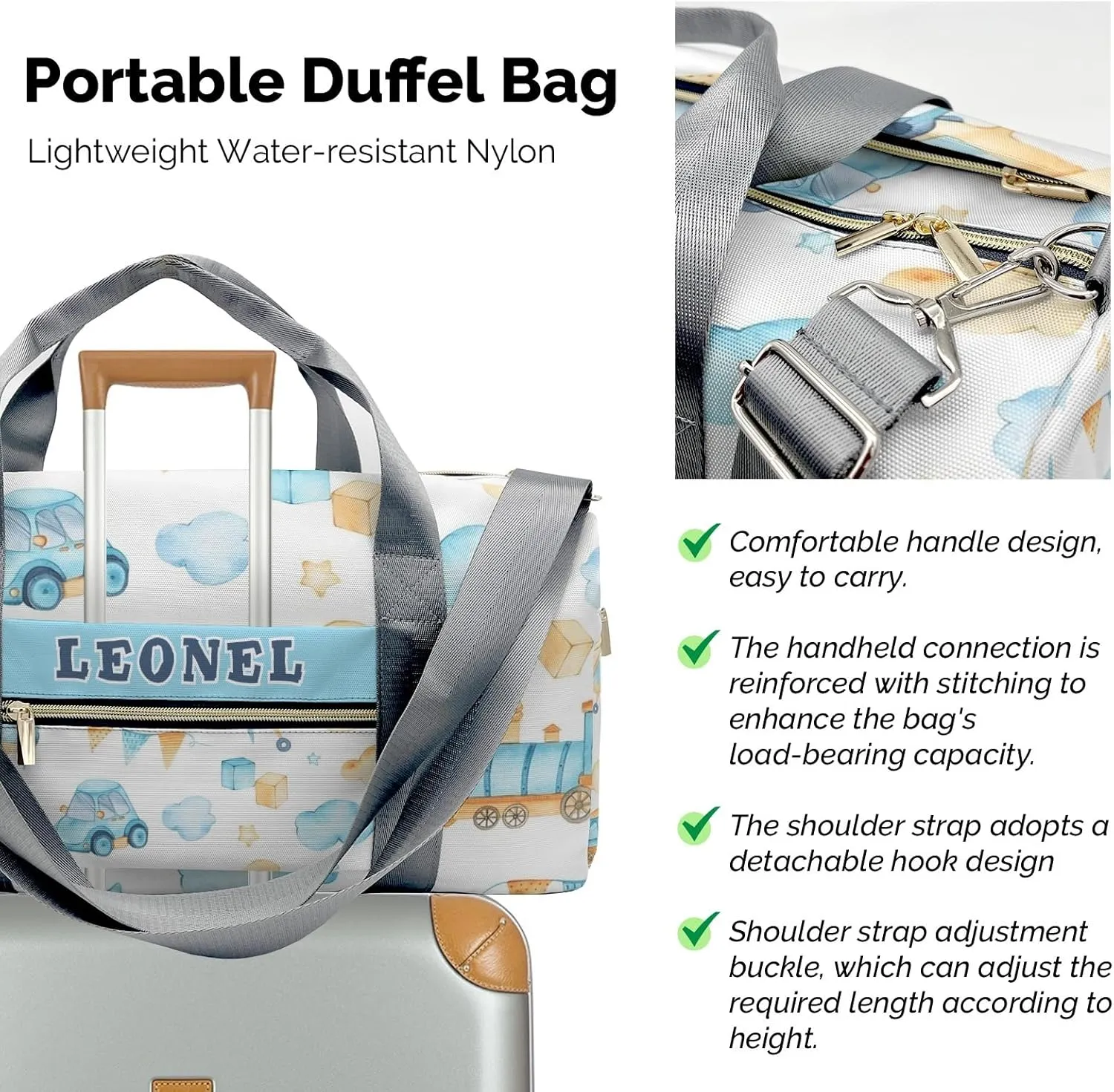Personalized Gym Bag,Custom Name Cartoon Helicopter Car Bus Blue Sport Duffel Bag Weekender Carry On Travel Duffel Bag