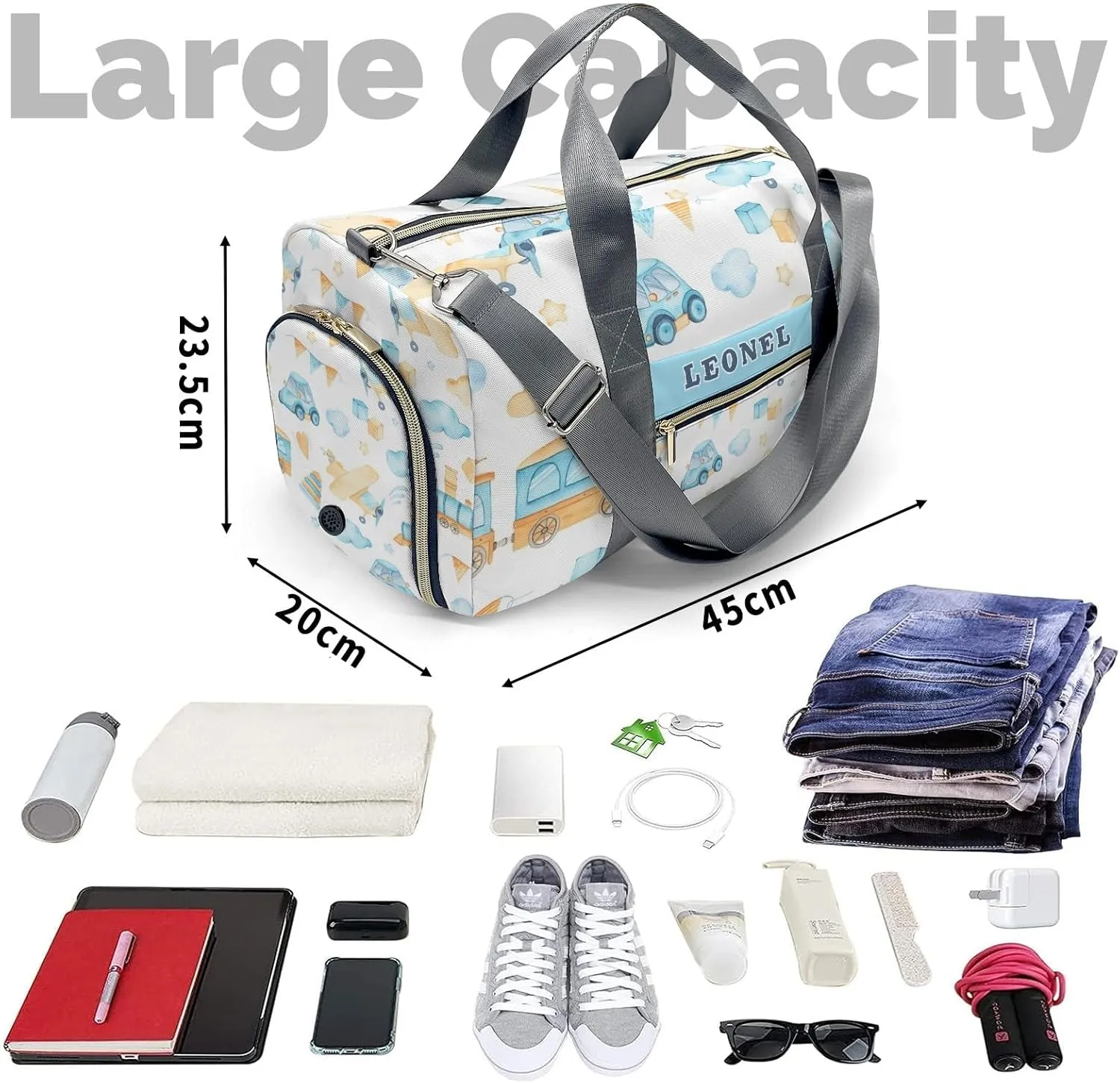 Personalized Gym Bag,Custom Name Cartoon Helicopter Car Bus Blue Sport Duffel Bag Weekender Carry On Travel Duffel Bag