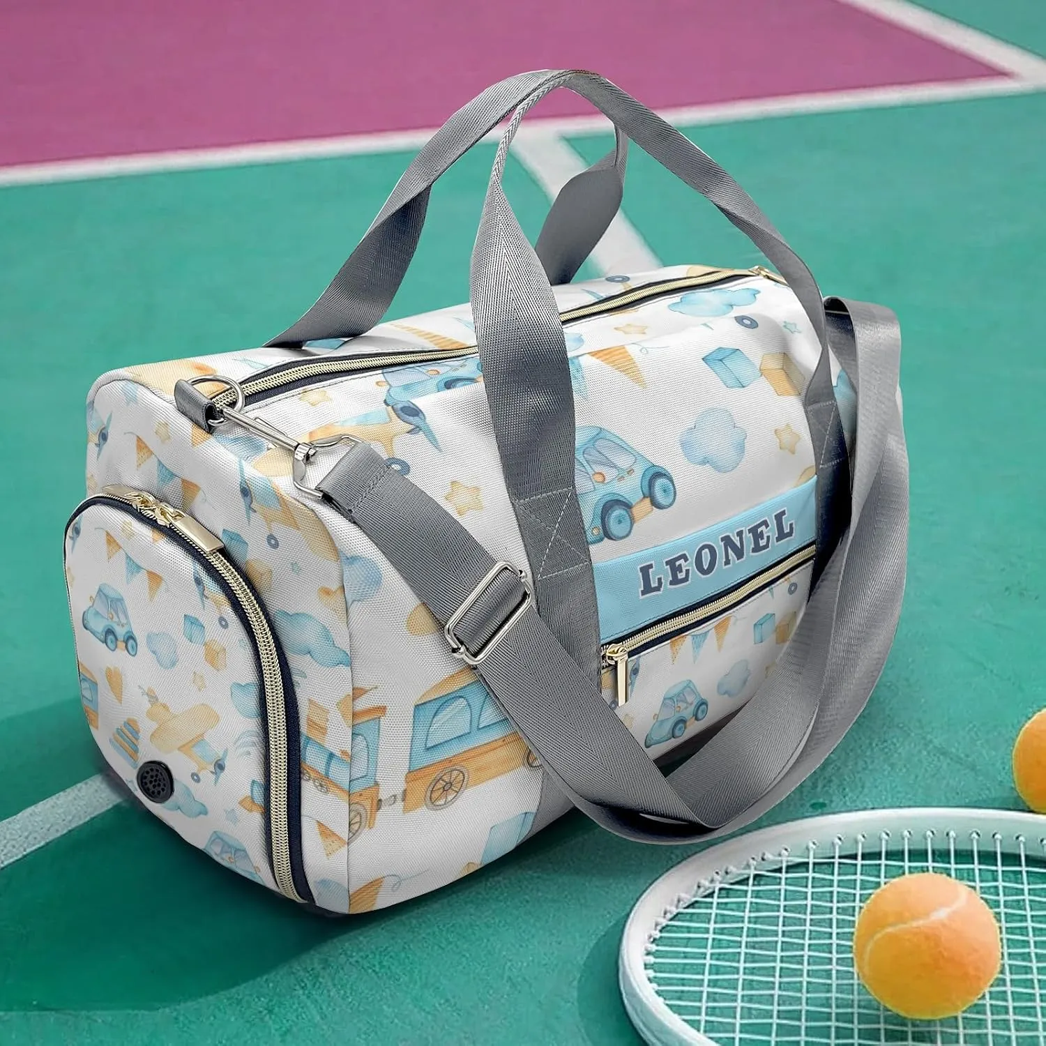 Personalized Gym Bag,Custom Name Cartoon Helicopter Car Bus Blue Sport Duffel Bag Weekender Carry On Travel Duffel Bag