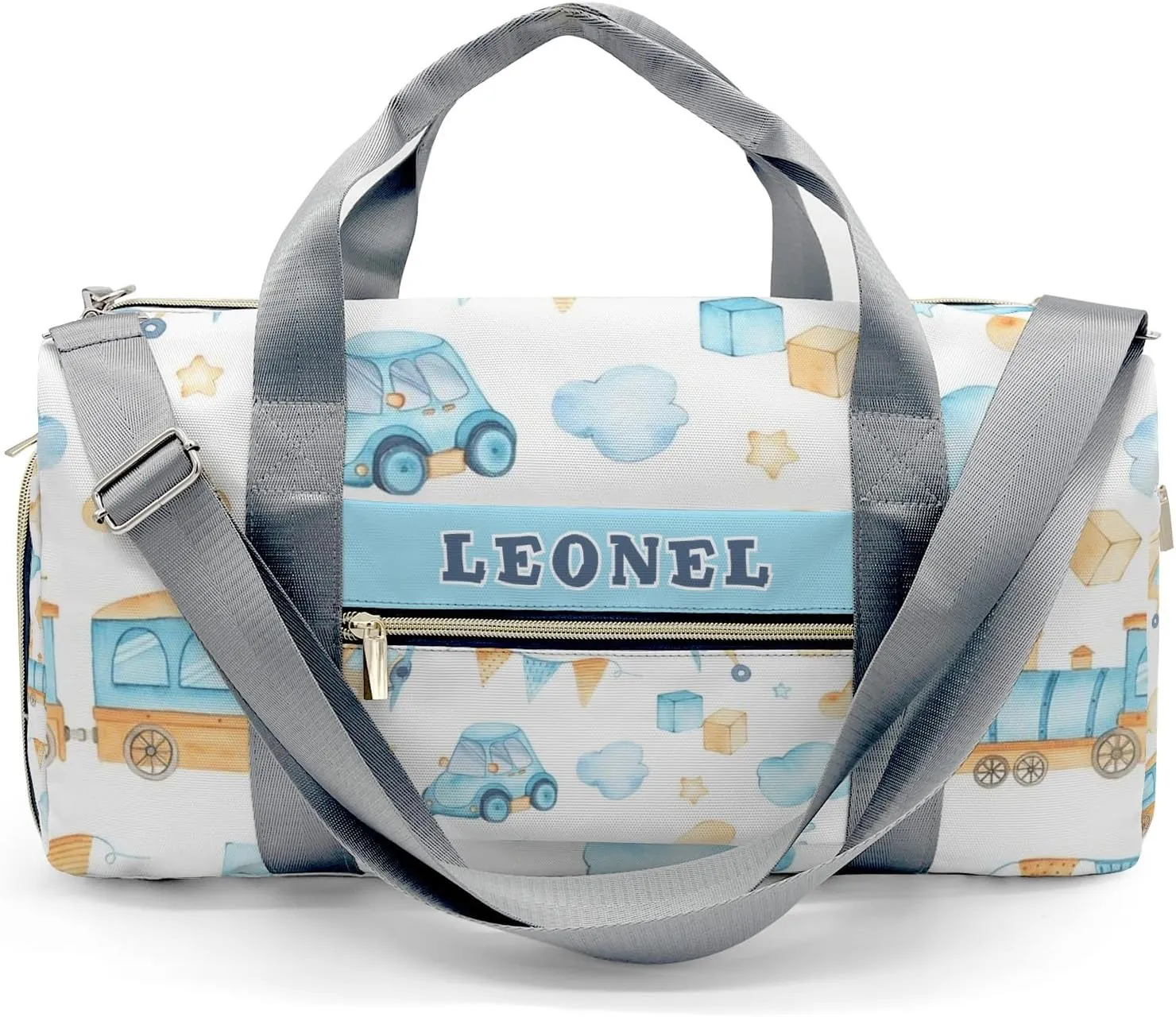 Personalized Gym Bag,Custom Name Cartoon Helicopter Car Bus Blue Sport Duffel Bag Weekender Carry On Travel Duffel Bag