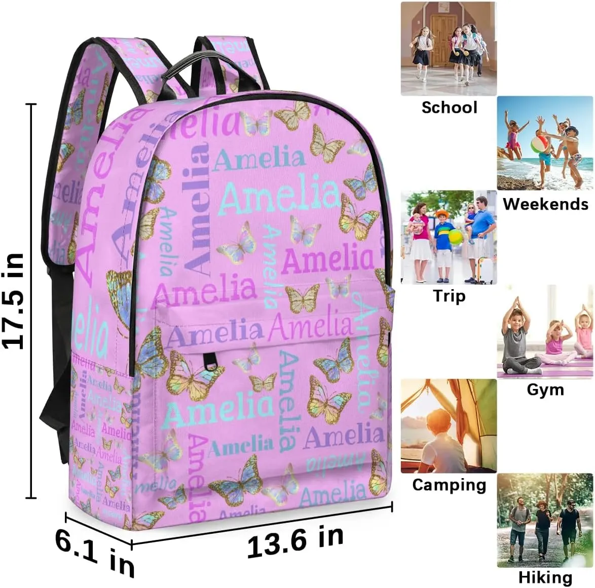 Personalized Kids Backpack School Bags for Girls, Custom Students Backpack Shoulder Bag Laptop Backpack Bookbag Gift for College School Travel Sport Pink Butter Glitter