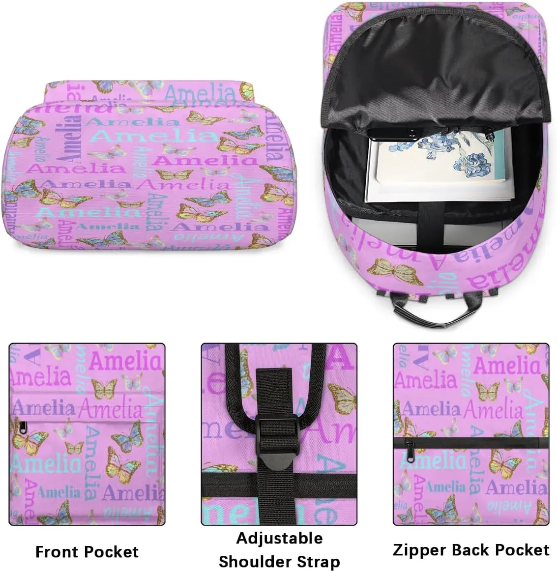 Personalized Kids Backpack School Bags for Girls, Custom Students Backpack Shoulder Bag Laptop Backpack Bookbag Gift for College School Travel Sport Pink Butter Glitter