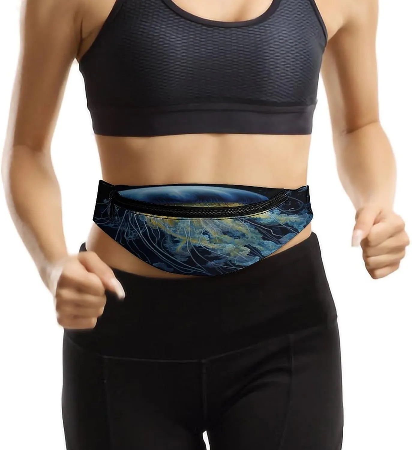 Personalized Waist Packs with Adjustable Strap,Blue And Gold Jellyfish CrossBody Fanny Pack Casual Bag for Travel Sports Running Hiking