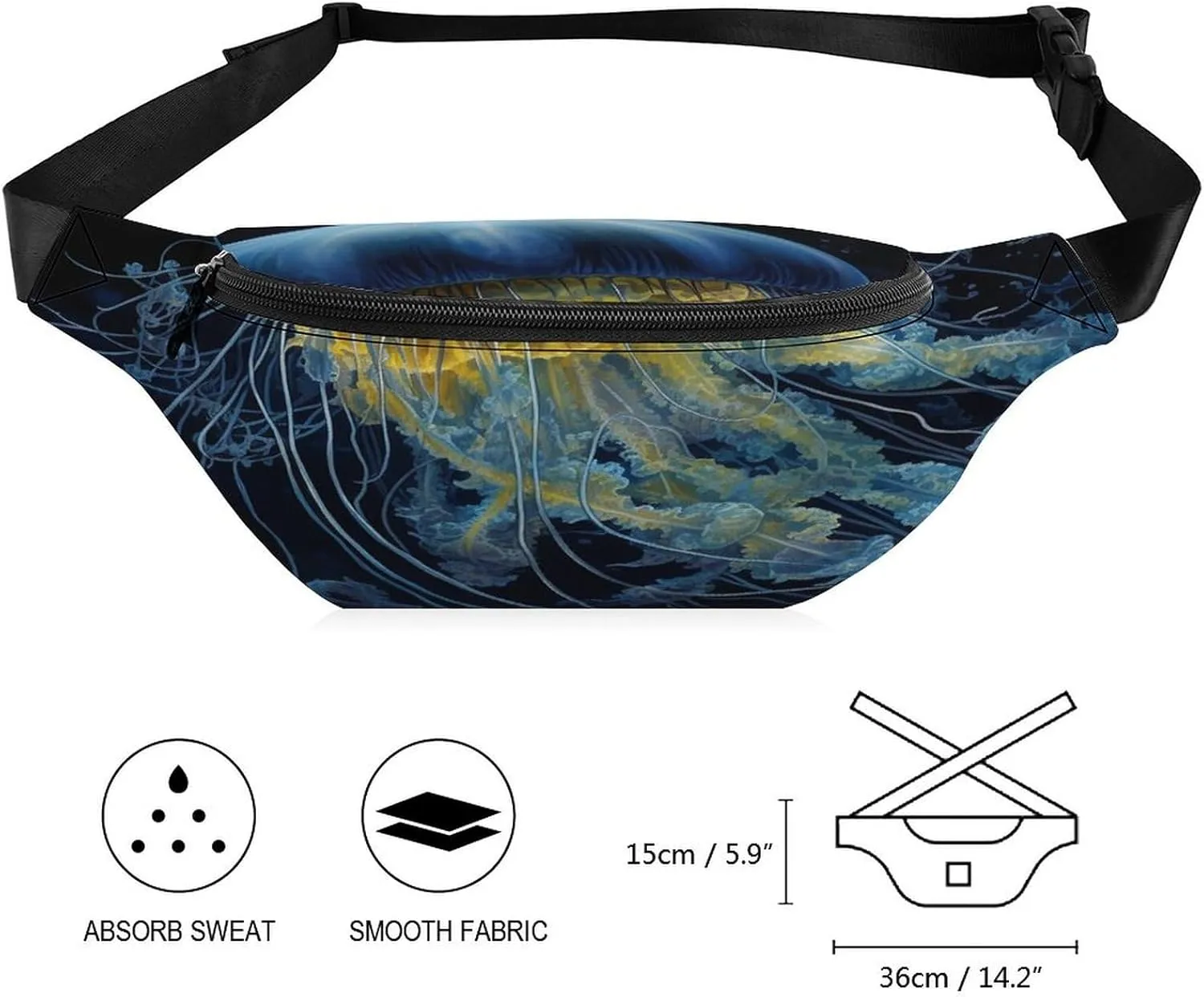 Personalized Waist Packs with Adjustable Strap,Blue And Gold Jellyfish CrossBody Fanny Pack Casual Bag for Travel Sports Running Hiking