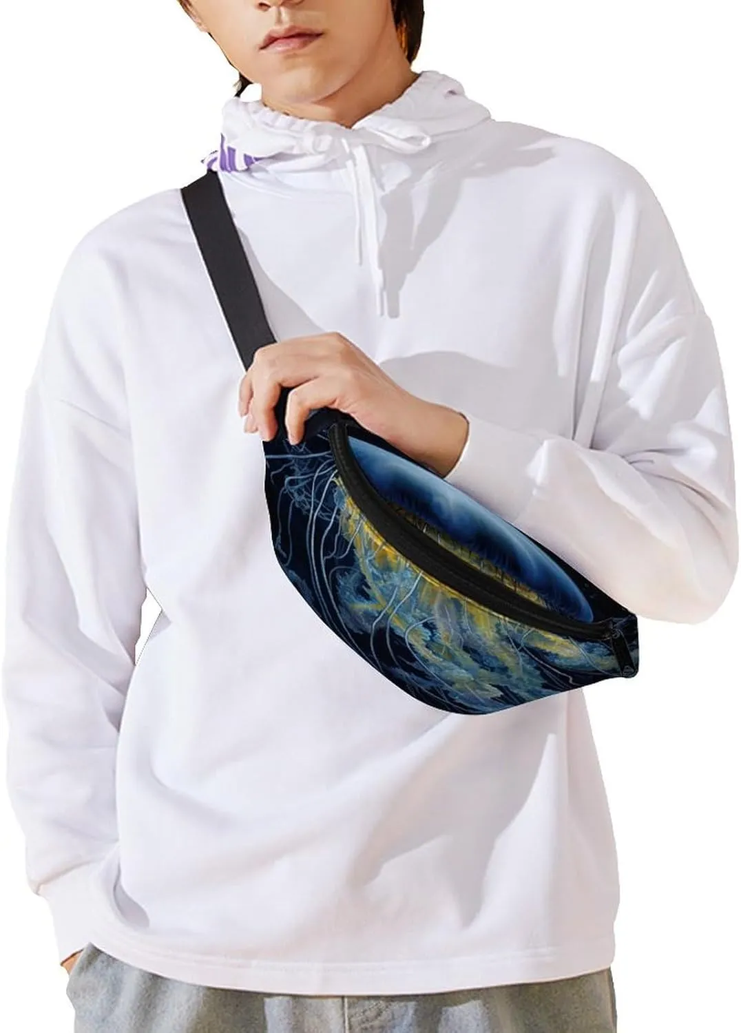 Personalized Waist Packs with Adjustable Strap,Blue And Gold Jellyfish CrossBody Fanny Pack Casual Bag for Travel Sports Running Hiking