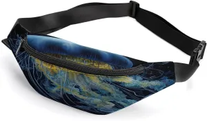 Personalized Waist Packs with Adjustable Strap,Blue And Gold Jellyfish CrossBody Fanny Pack Casual Bag for Travel Sports Running Hiking