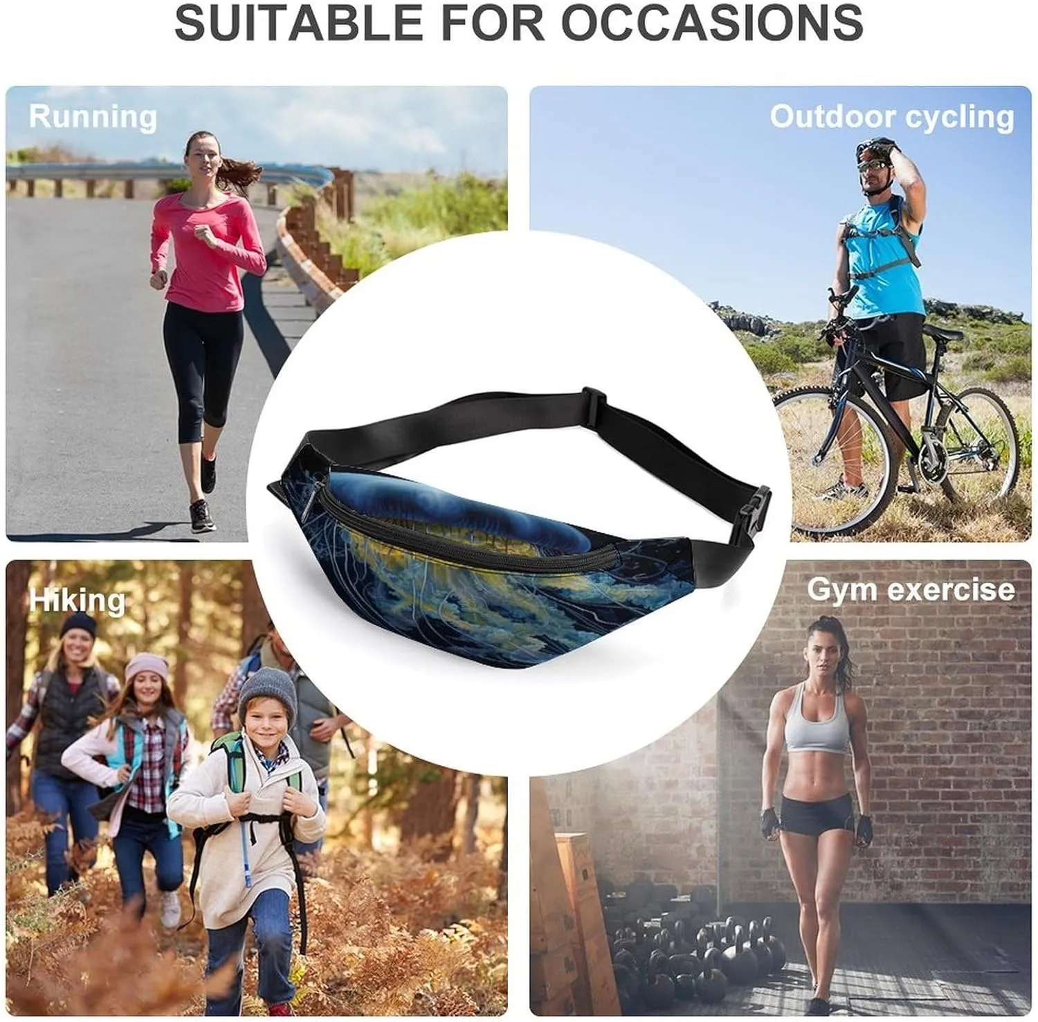 Personalized Waist Packs with Adjustable Strap,Blue And Gold Jellyfish CrossBody Fanny Pack Casual Bag for Travel Sports Running Hiking