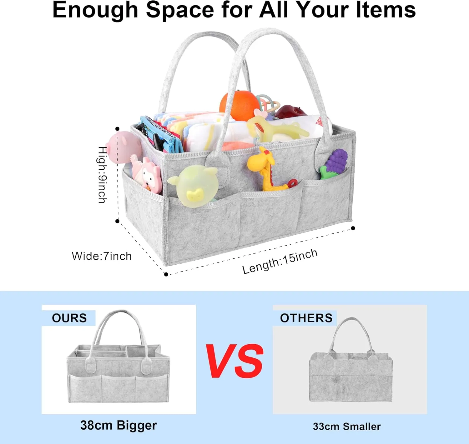 PHILORN Diaper Caddy Organizer, Baby Diaper Caddy with Dividers, Car Diaper Caddy, Diaper Caddy for Changing Table,Felt Diaper Caddy Organizer with Handle, Baby Shower Gifts, Gray
