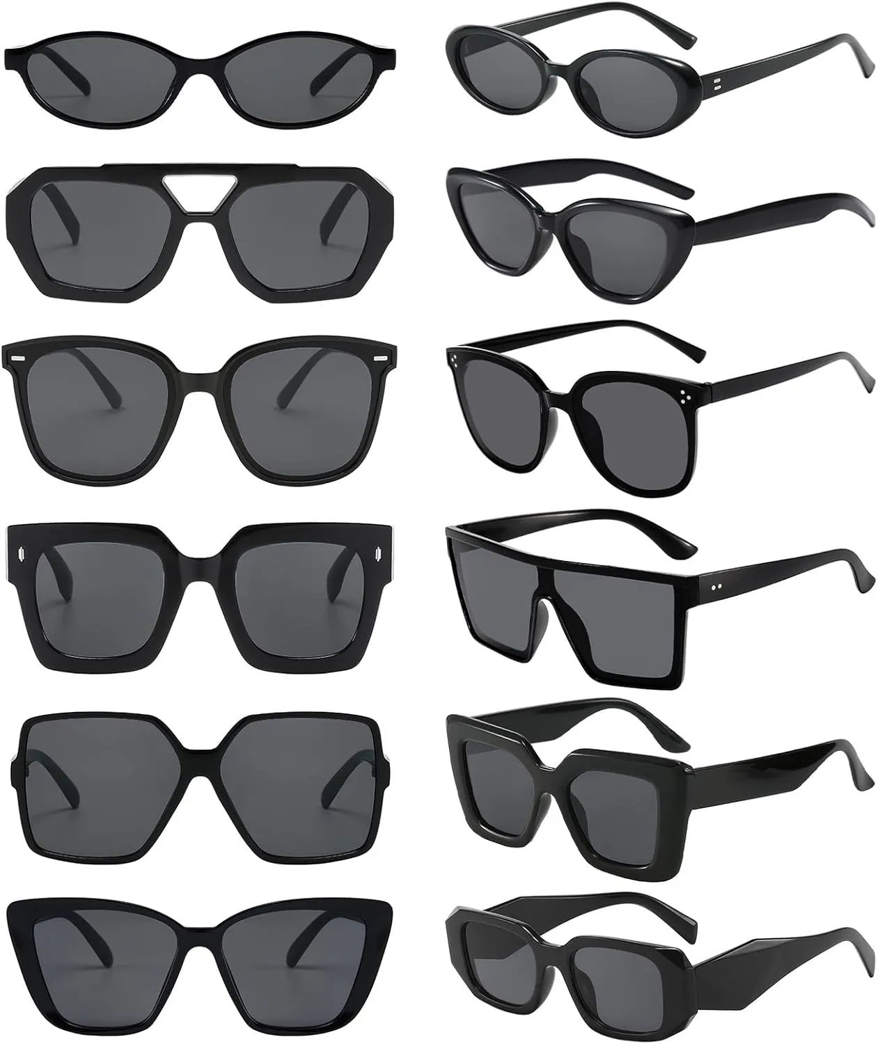 Pibupibu 12 Pack Trendy Mixed Style Black Sunglasses Bulk Unisex，Retro Cool Oval Square Cateye Aviator Glasses for Women Men Party Favors