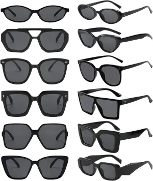 Pibupibu 12 Pack Trendy Mixed Style Black Sunglasses Bulk Unisex，Retro Cool Oval Square Cateye Aviator Glasses for Women Men Party Favors