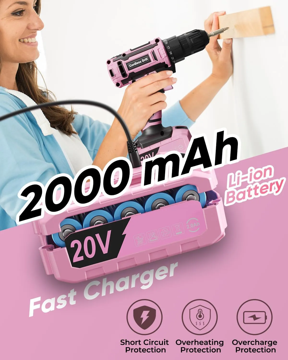 Pink Cordless Drill Set, 20V Electric Power Drill for Women, Lightweight Electric Screwdriver Driver with Battery & Charger, 3/8" Keyless Chuck, Womens Tool Kit for House