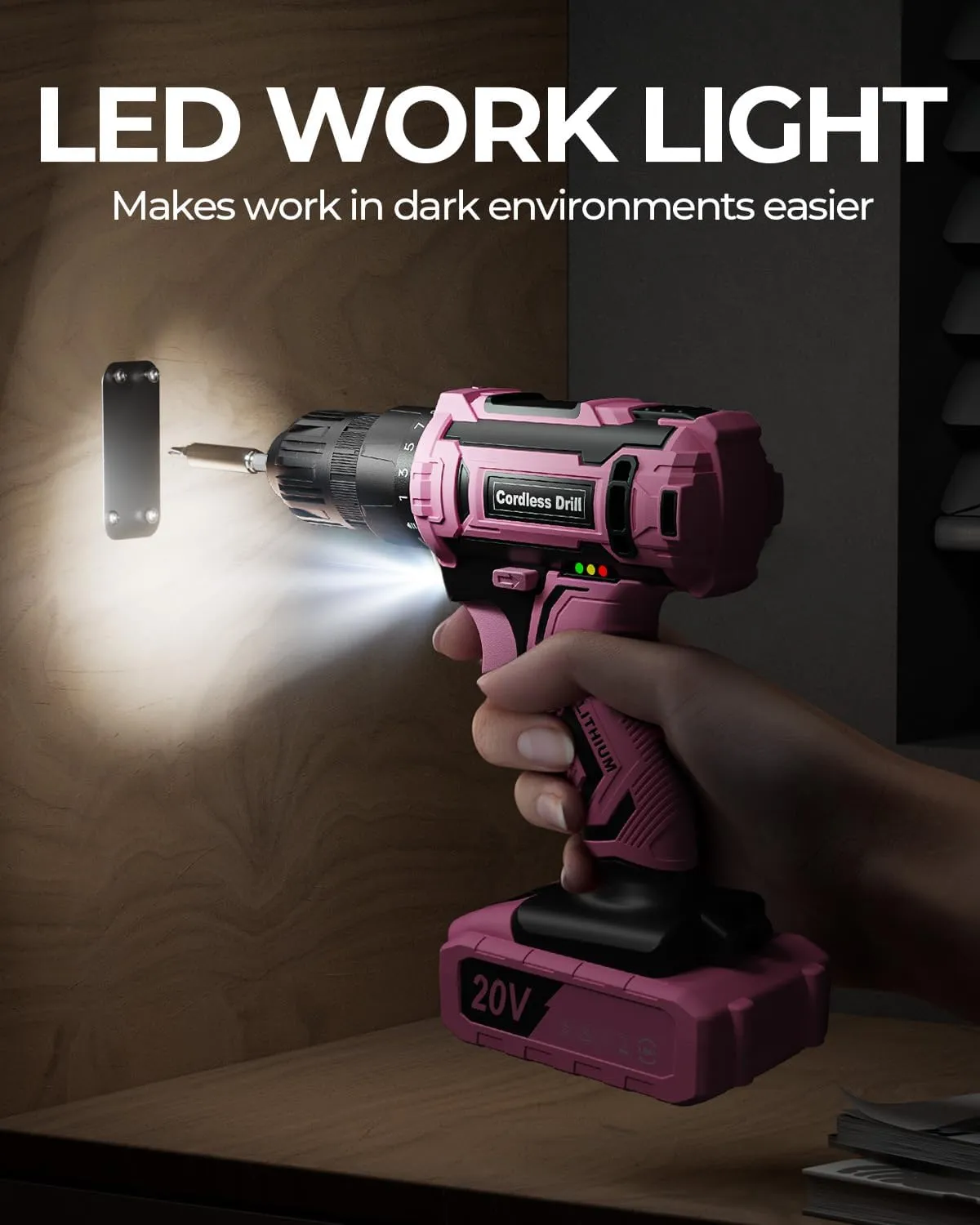 Pink Cordless Drill Set, 20V Electric Power Drill for Women, Lightweight Electric Screwdriver Driver with Battery & Charger, 3/8" Keyless Chuck, Womens Tool Kit for House