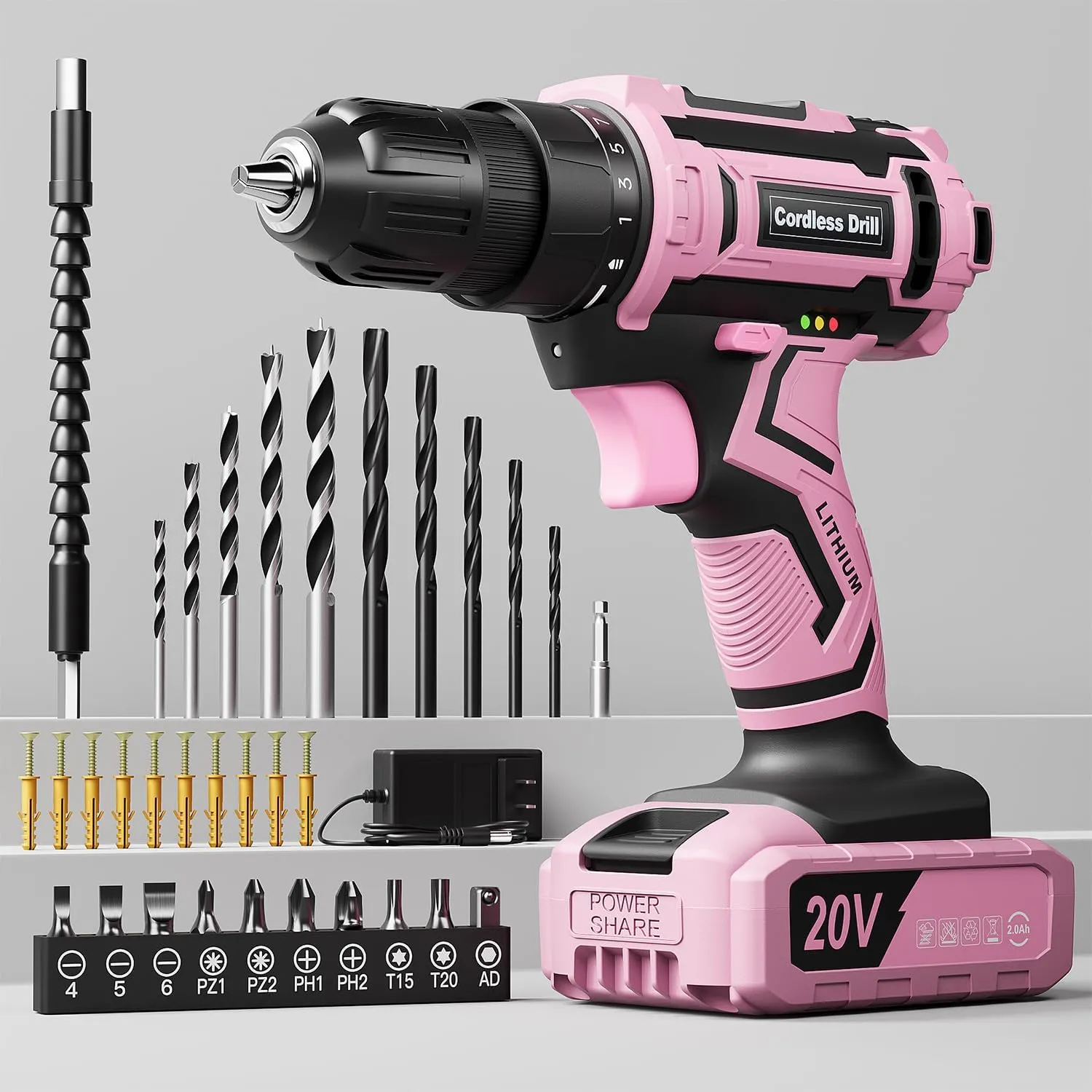 Pink Cordless Drill Set, 20V Electric Power Drill for Women, Lightweight Electric Screwdriver Driver with Battery & Charger, 3/8" Keyless Chuck, Womens Tool Kit for House