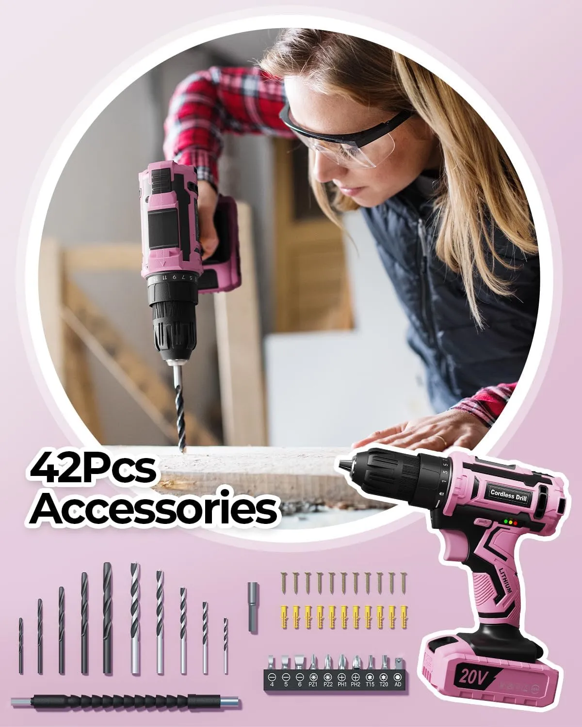 Pink Cordless Drill Set, 20V Electric Power Drill for Women, Lightweight Electric Screwdriver Driver with Battery & Charger, 3/8" Keyless Chuck, Womens Tool Kit for House