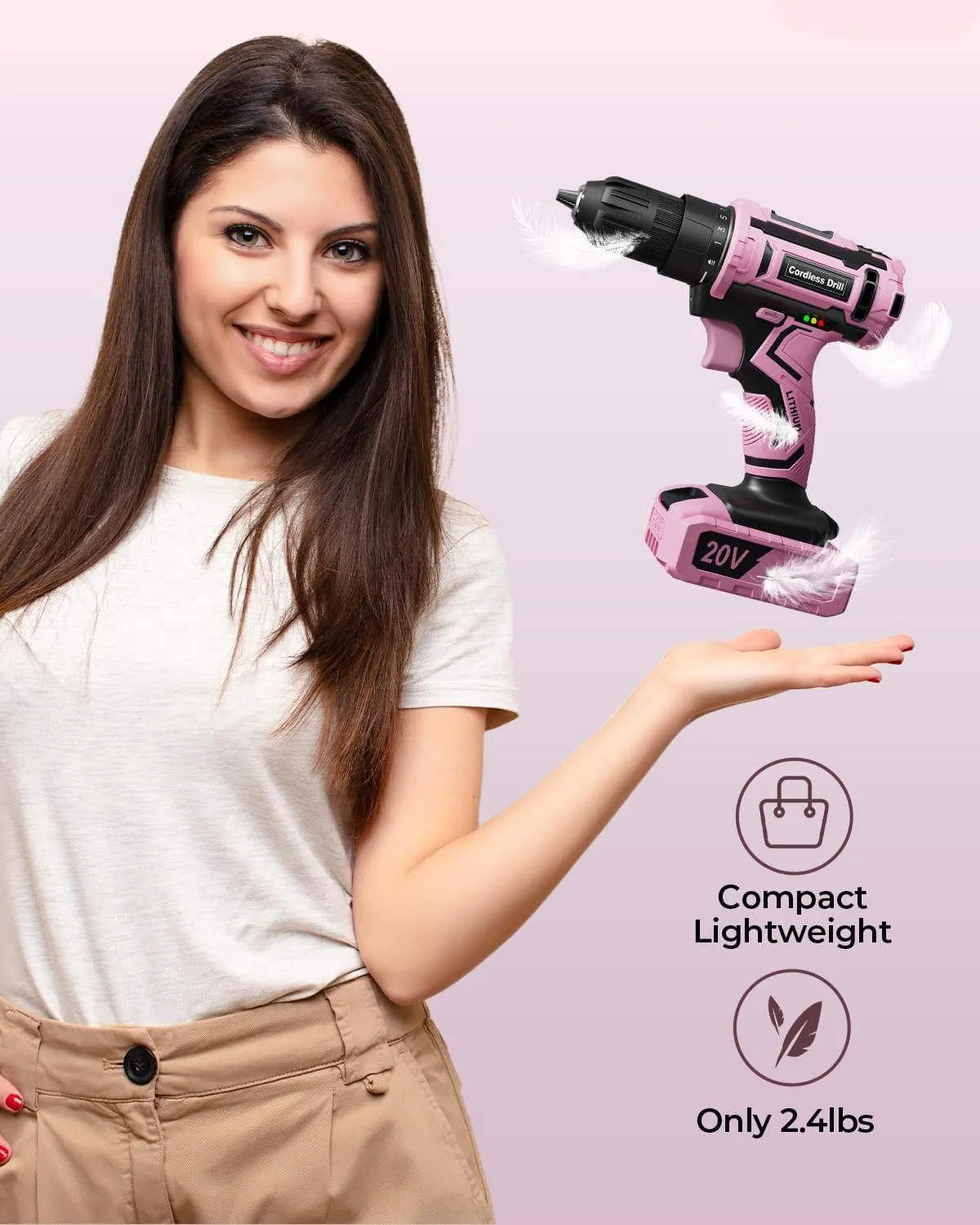 Pink Cordless Drill Set, 20V Electric Power Drill for Women, Lightweight Electric Screwdriver Driver with Battery & Charger, 3/8" Keyless Chuck, Womens Tool Kit for House