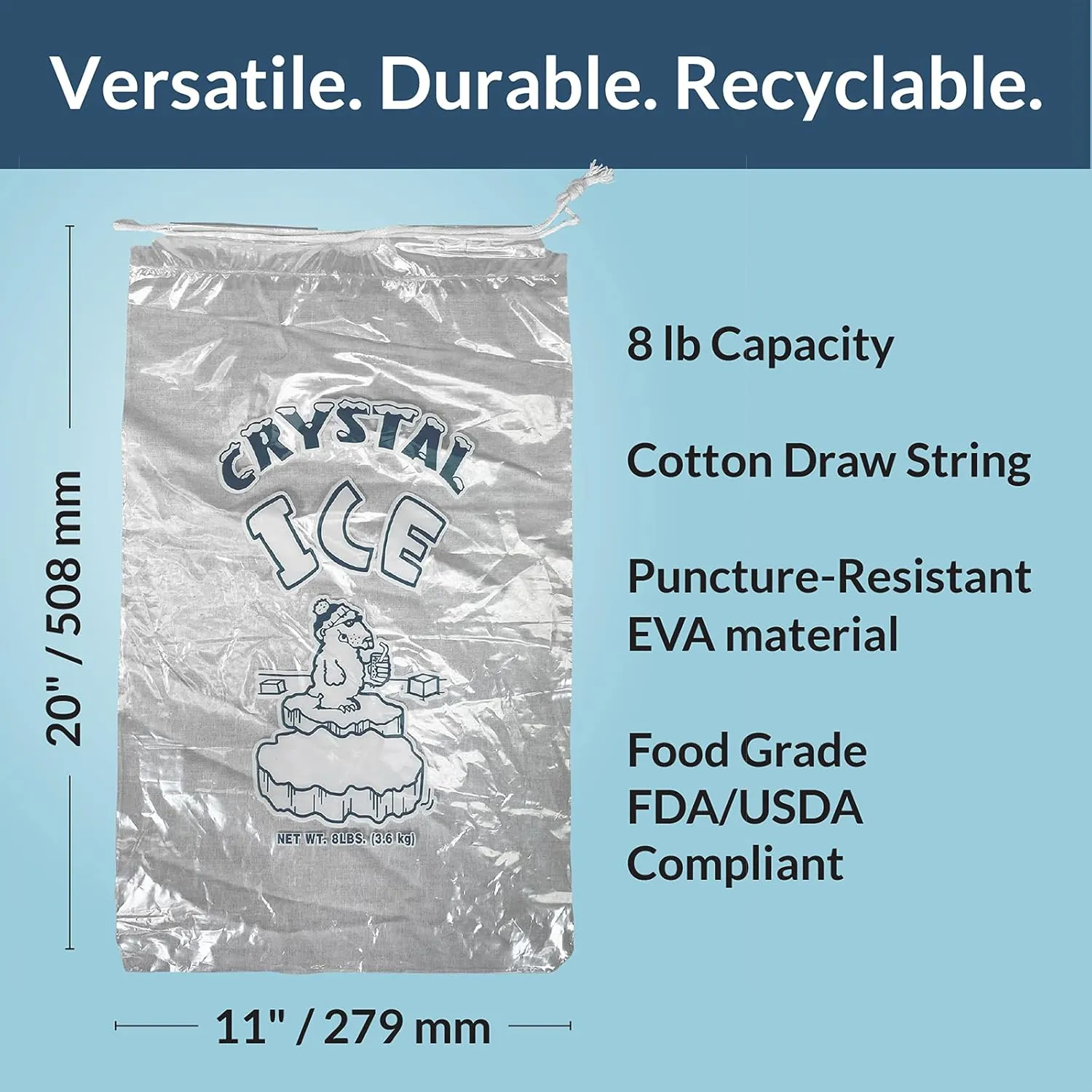Pinnacle Mercantile 8 lb. Drawstring Ice Bags (30-Count) Heavy-Duty, Puncture-Resistant EVA | Cotton Pull Closure | Disposable, Recyclable | Portable Storage and Freezer Keeper