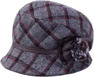 Plaid Cloche Bowler Hat Big Plaid Bucket Hat Pom Pom Bowknot Beret Hat Adjustable Fisherman Cap for Women Mom Light Grey