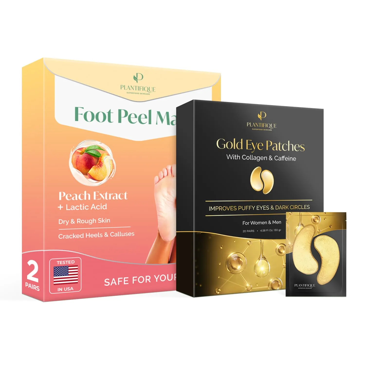 PLANTIFIQUE Foot Peeling Mask 2 Pack and Under Eye Patches for Dark Circles and Puffiness (20 pairs)