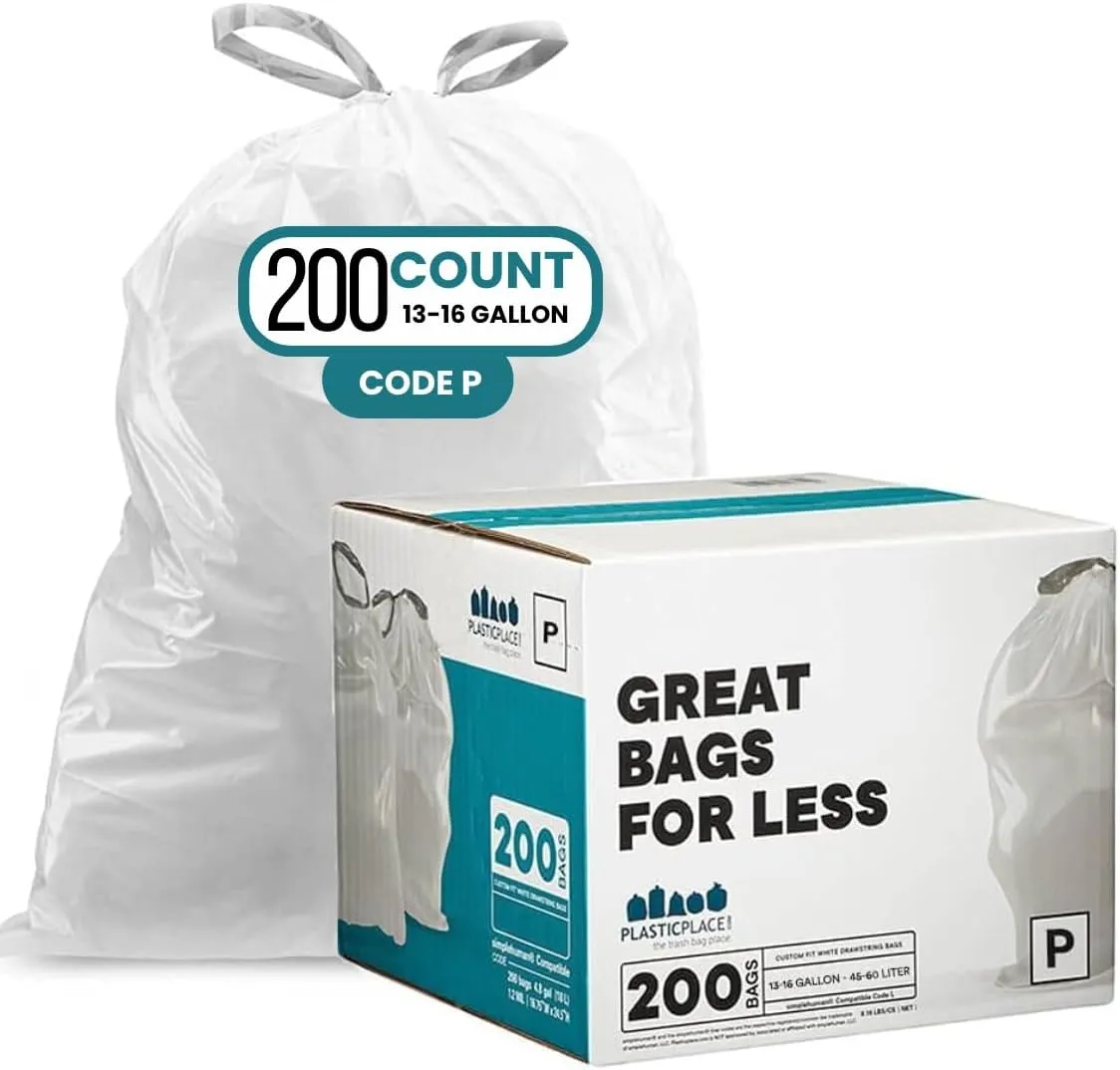 Plasticplace Custom Fit Trash Bags, Compatible with simplehuman Code P, White Drawstring Garbage Liners 13-16 Gallon / 50-60 Liter, 23.5" x 31.5", (200 Count)