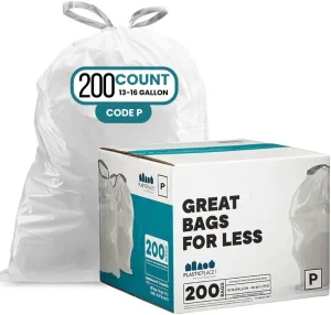 Plasticplace Custom Fit Trash Bags, Compatible with simplehuman Code P, White Drawstring Garbage Liners 13-16 Gallon / 50-60 Liter, 23.5" x 31.5", (200 Count)