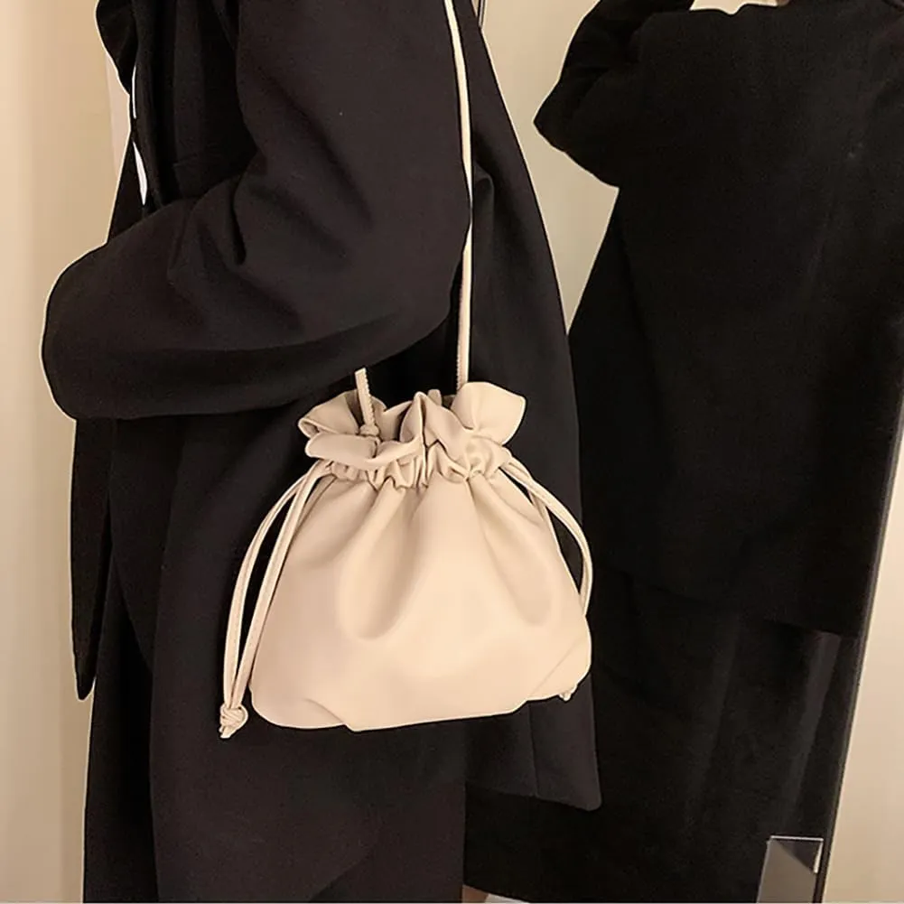 Pleated Drawstring Storage Bucket Bag,Lightweight PU Leather Soft Crossbody Bag,Retro Casual Solid Purse Shoulder Bag