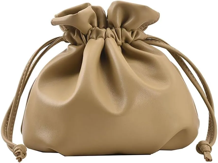 Pleated Drawstring Storage Bucket Bag,Lightweight PU Leather Soft Crossbody Bag,Retro Casual Solid Purse Shoulder Bag
