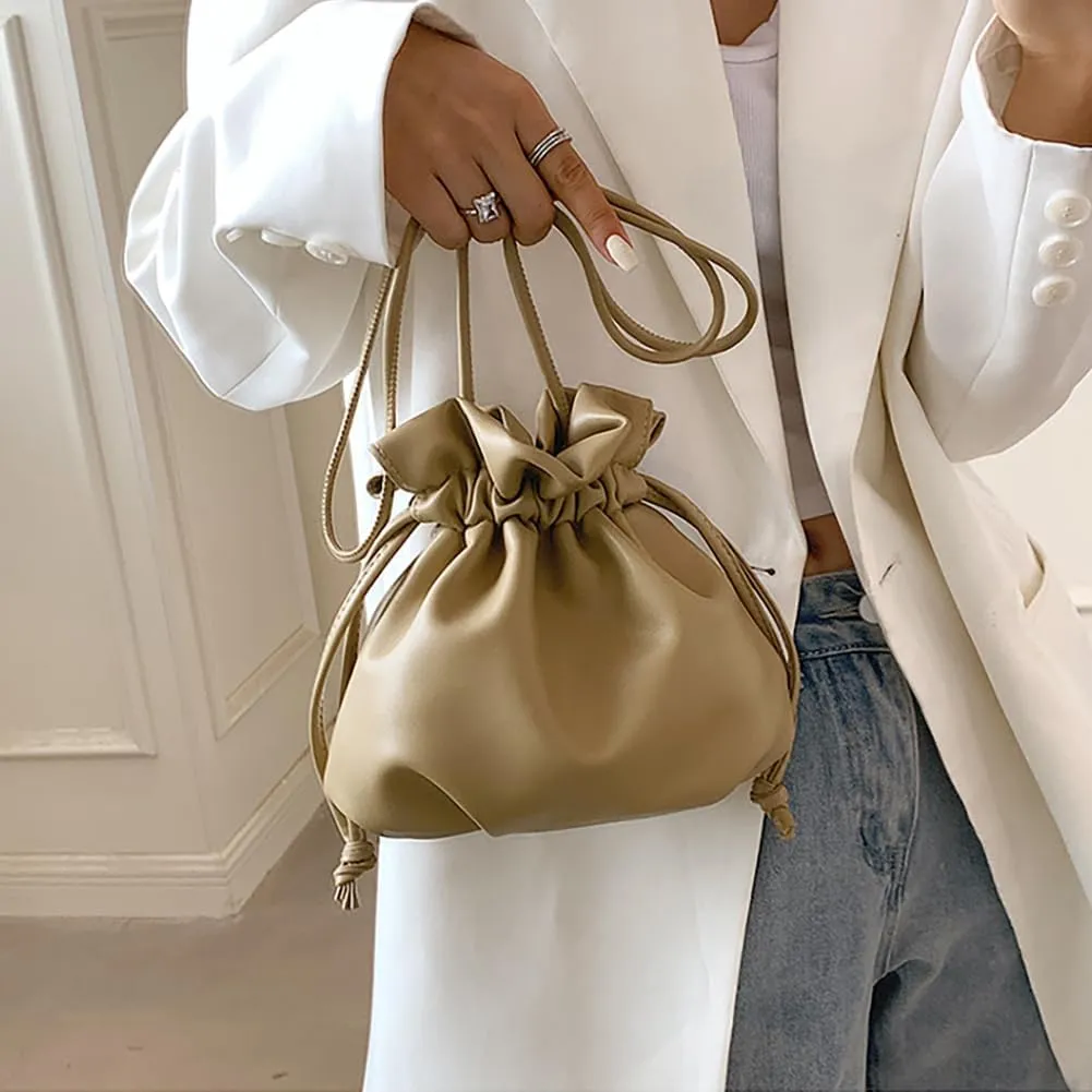 Pleated Drawstring Storage Bucket Bag,Lightweight PU Leather Soft Crossbody Bag,Retro Casual Solid Purse Shoulder Bag
