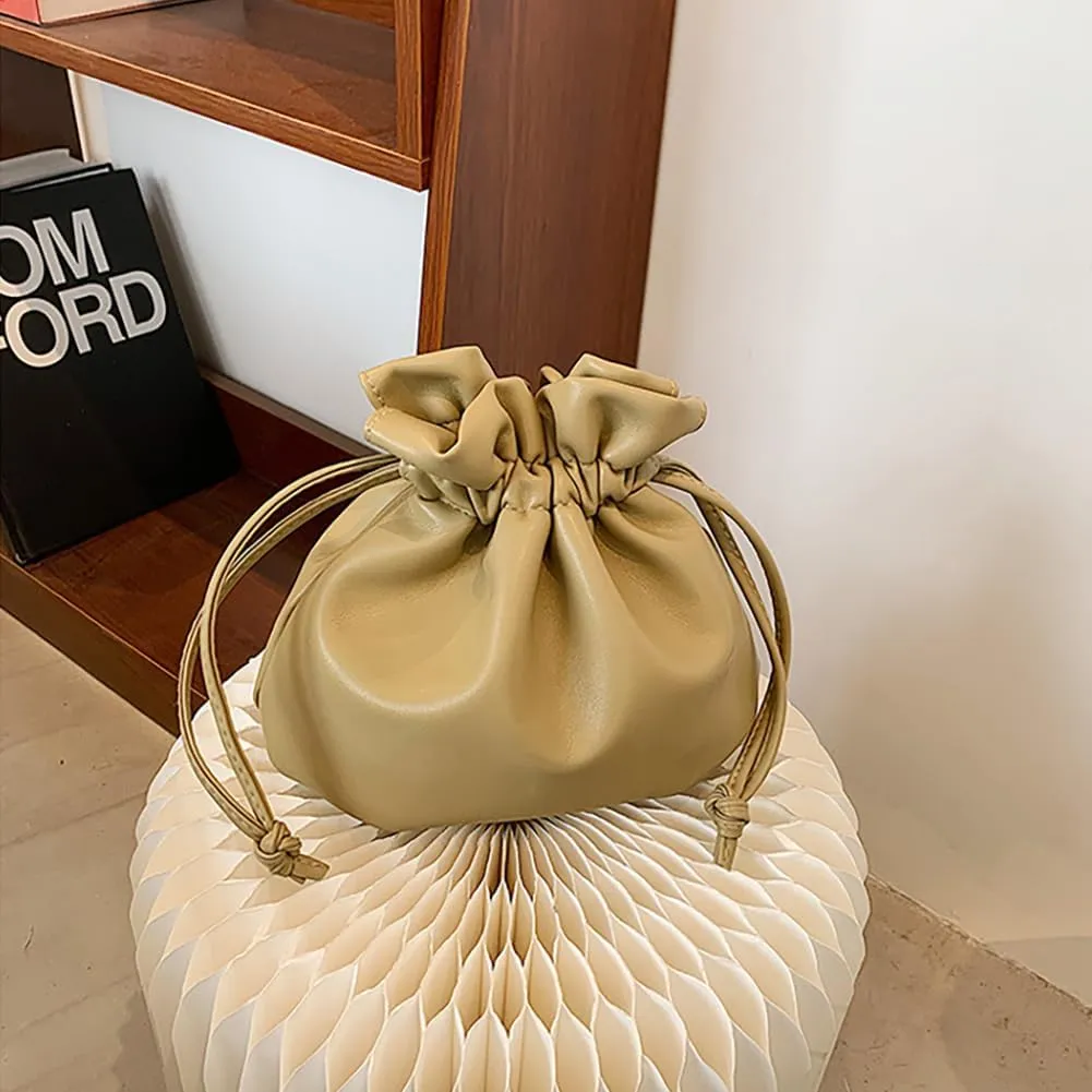 Pleated Drawstring Storage Bucket Bag,Lightweight PU Leather Soft Crossbody Bag,Retro Casual Solid Purse Shoulder Bag