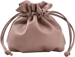 Pleated Drawstring Storage Bucket Bag,Lightweight PU Leather Soft Crossbody Bag,Retro Casual Solid Purse Shoulder Bag