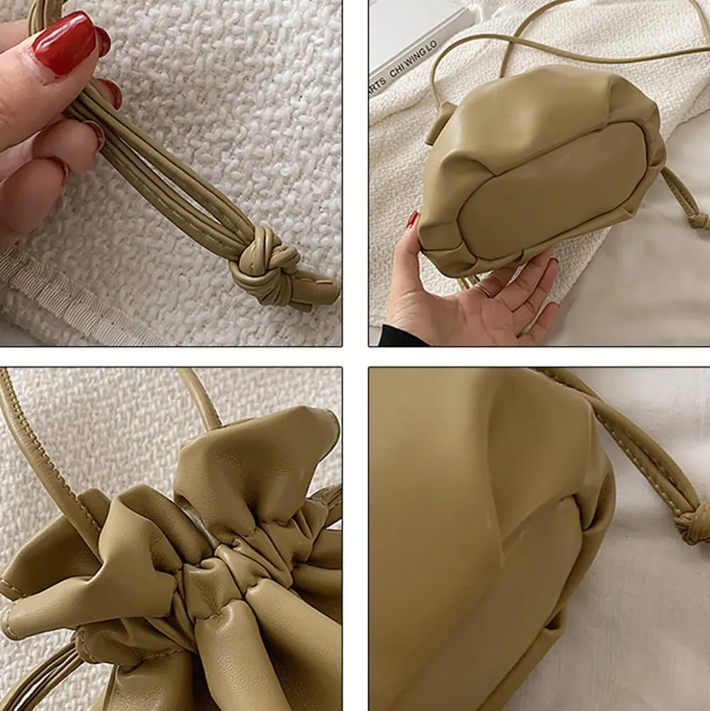 Pleated Drawstring Storage Bucket Bag,Lightweight PU Leather Soft Crossbody Bag,Retro Casual Solid Purse Shoulder Bag
