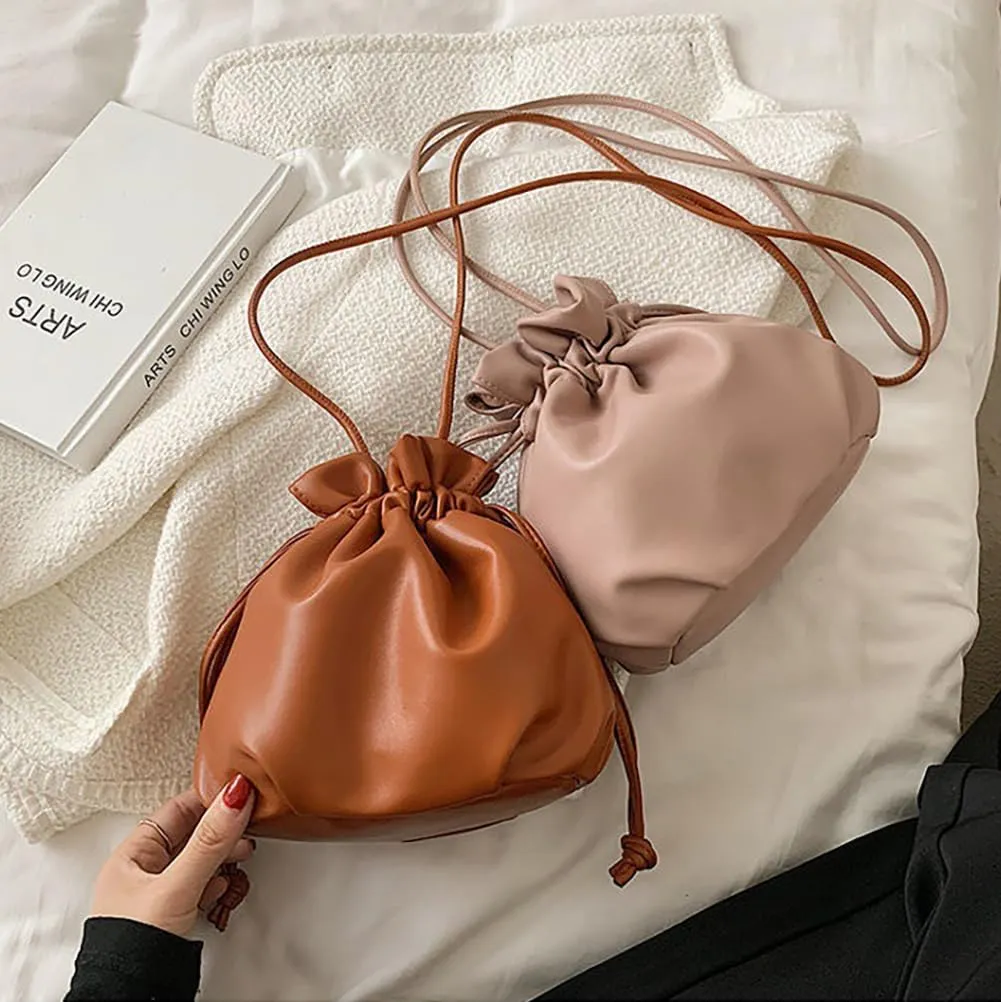 Pleated Drawstring Storage Bucket Bag,Lightweight PU Leather Soft Crossbody Bag,Retro Casual Solid Purse Shoulder Bag