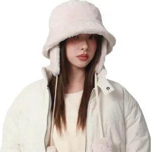 Plush Faux Fur Bucket Hat Winter Fuzzy Hat for Women Russian Fur Hat with Earflap Mongolian Hat