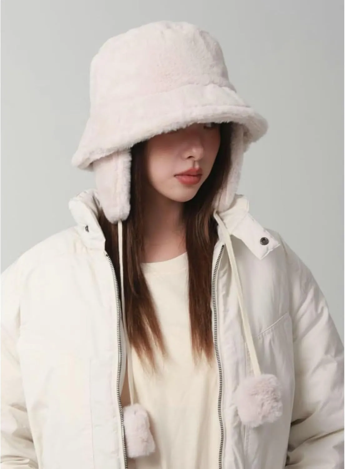 Plush Faux Fur Bucket Hat Winter Fuzzy Hat for Women Russian Fur Hat with Earflap Mongolian Hat