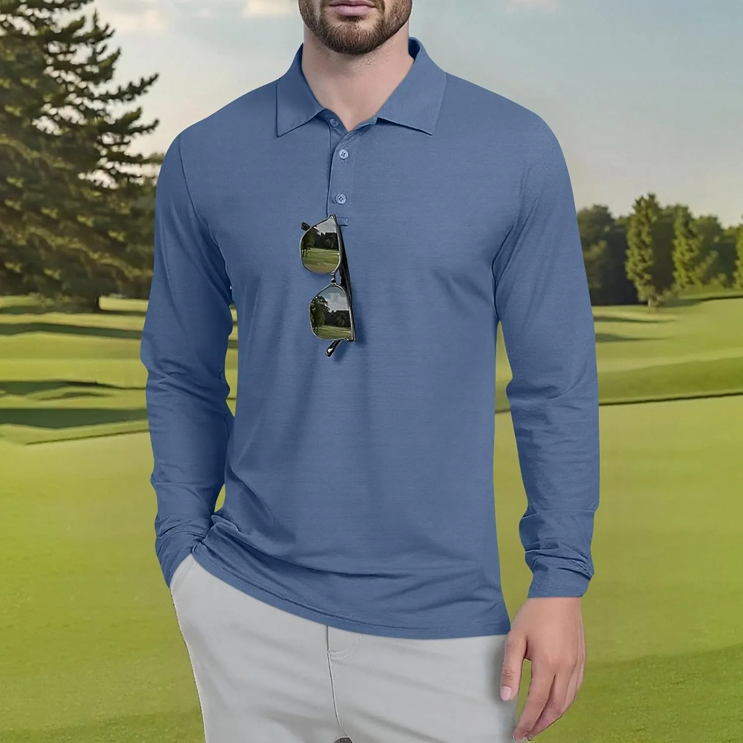 Polo Shirts for Men Long Sleeve Golf Shirts UPF 50  Sun Protection Ice Silk Cool Shirts for Work Fishing Outdoor