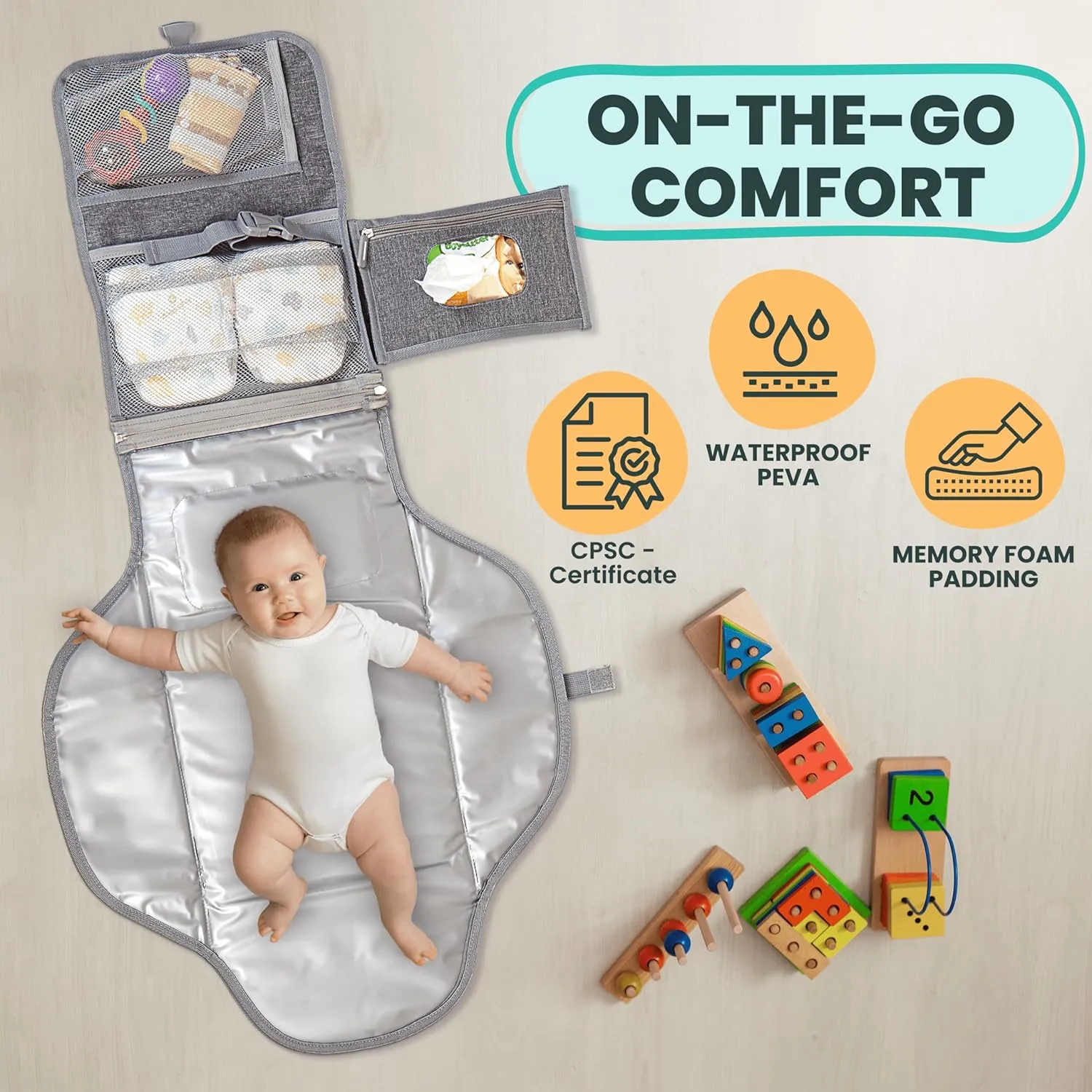Portable Changing Pad for Baby – Soft, Comfortable Portable Diaper Changing Pad with Wipes Pockets, Waterproof and Easy to Clean – Baby Shower Gifts Newborn Essentials Must Haves Baby Registry Search
