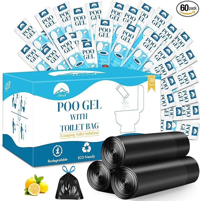 Portable Toilet Bags Poo Gel Set, 30 Count 10 Gal Camping Toilet bags with drawstring and 30 Pack 0.53 Oz each Pee Powder for Portable Camping Toilet fit for Traveling, Emergency, Outdoor Activities