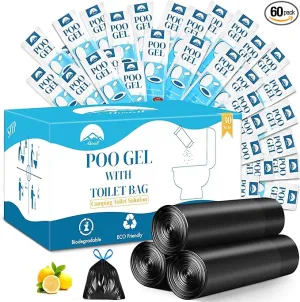Portable Toilet Bags Poo Gel Set, 30 Count 10 Gal Camping Toilet bags with drawstring and 30 Pack 0.53 Oz each Pee Powder for Portable Camping Toilet fit for Traveling, Emergency, Outdoor Activities