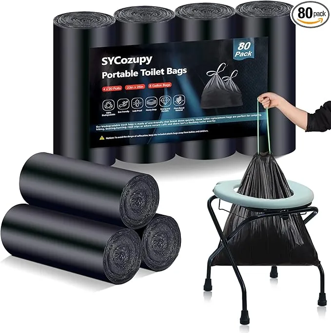 Portable Toilet Bags，8 Gallon Drawstring Trash Bags 80 Counts for Compostable Trash Bags for Outdoor Car Camping